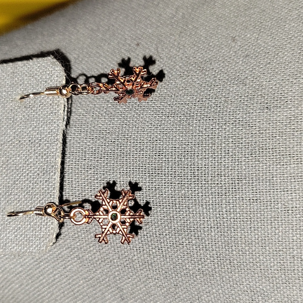Rose Gold Tone Snowflake Earrings with Green Gems